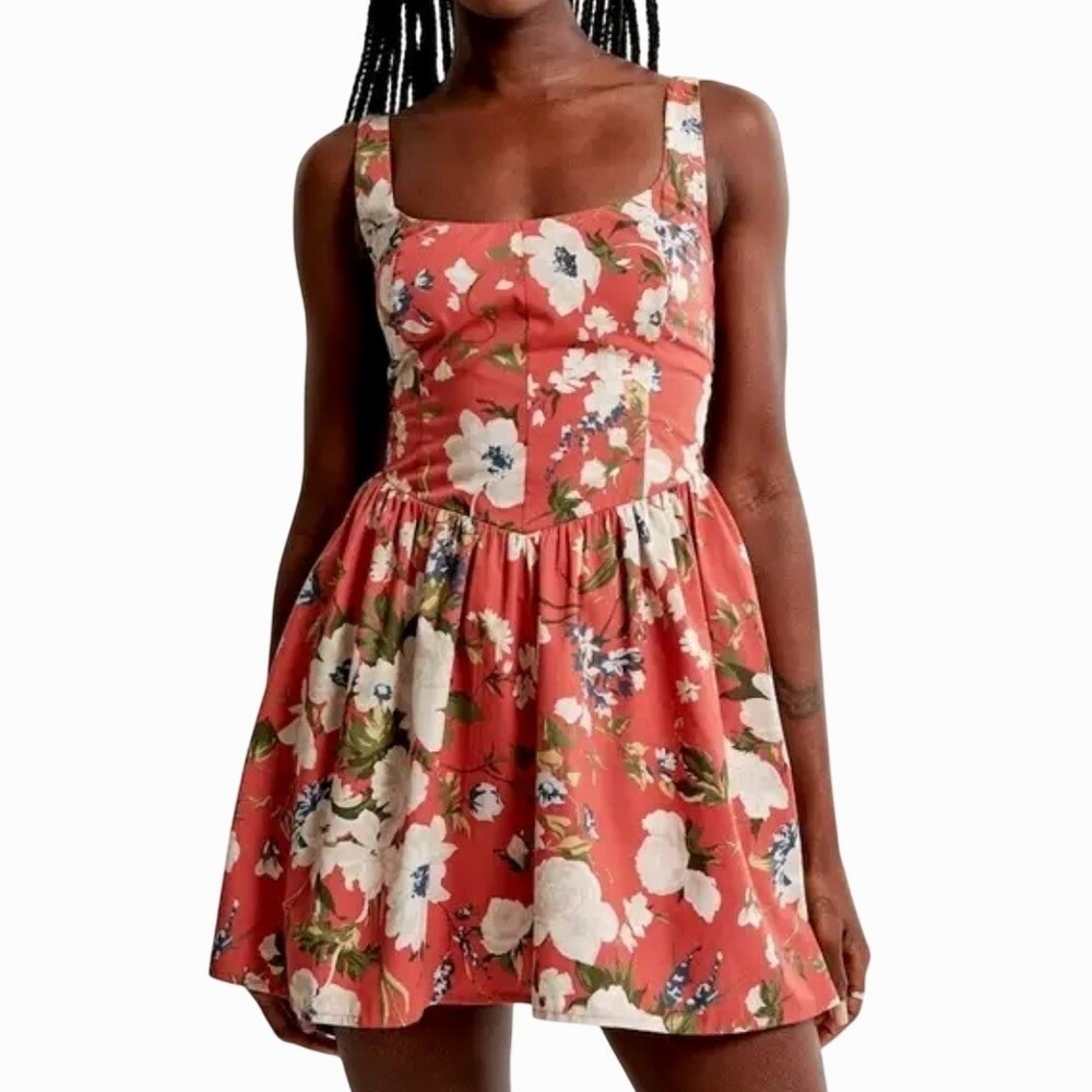 Abercrombie & Fitch Mini Dress Small Red Floral Corset Drop Waist Cottagecore